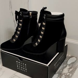 WHBM combat boots 3.5 inch heel, NWT box and bag, never worn